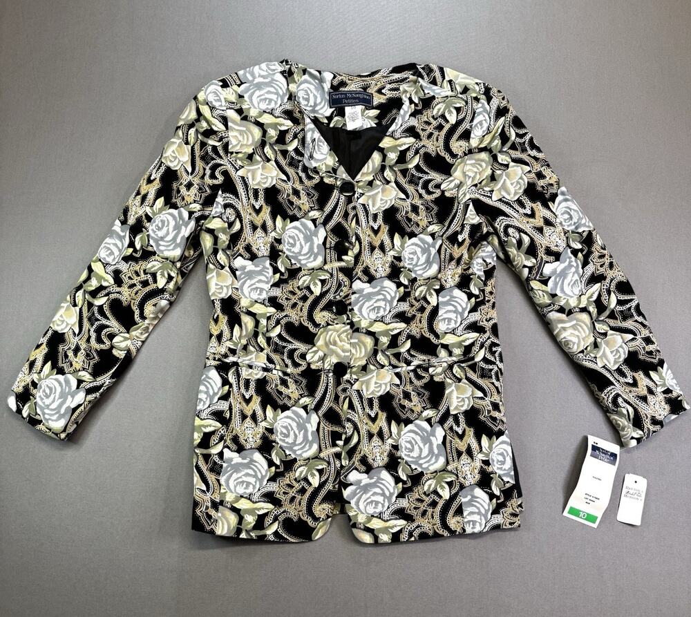 Norton McNaughton Petites Blazer Jacket Women’s 10 Floral Rose Print Black Gold